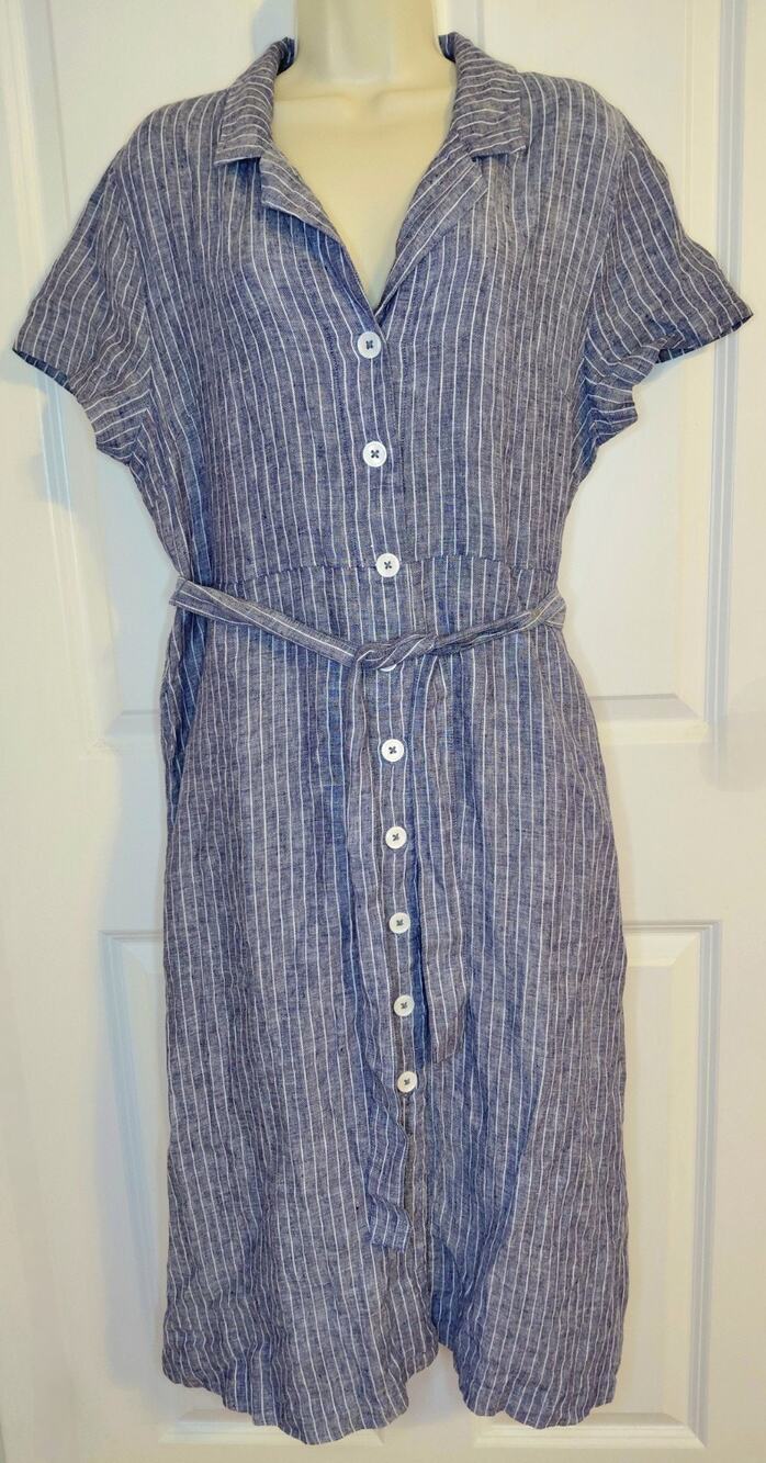 Quince European Linen Button Front Midi Dress Chambray Stripe Size L Coastal NWT - Picture 1 of 14